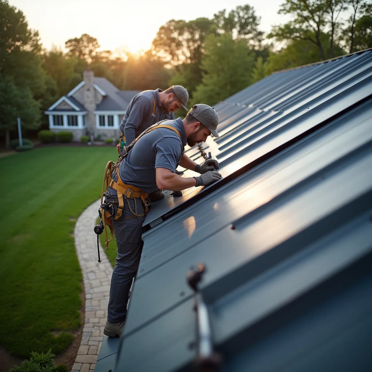 Installers fastening standing-seam metal roofing panels on a New Jersey home in Bergenfield