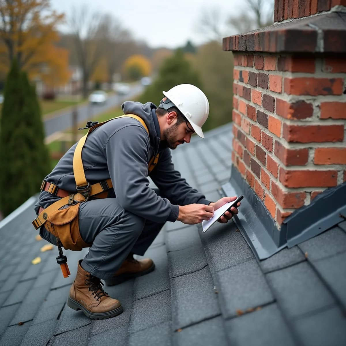 Roofing inspector examining shingles and flashing during a roof inspection on a Bergenfield NJ home