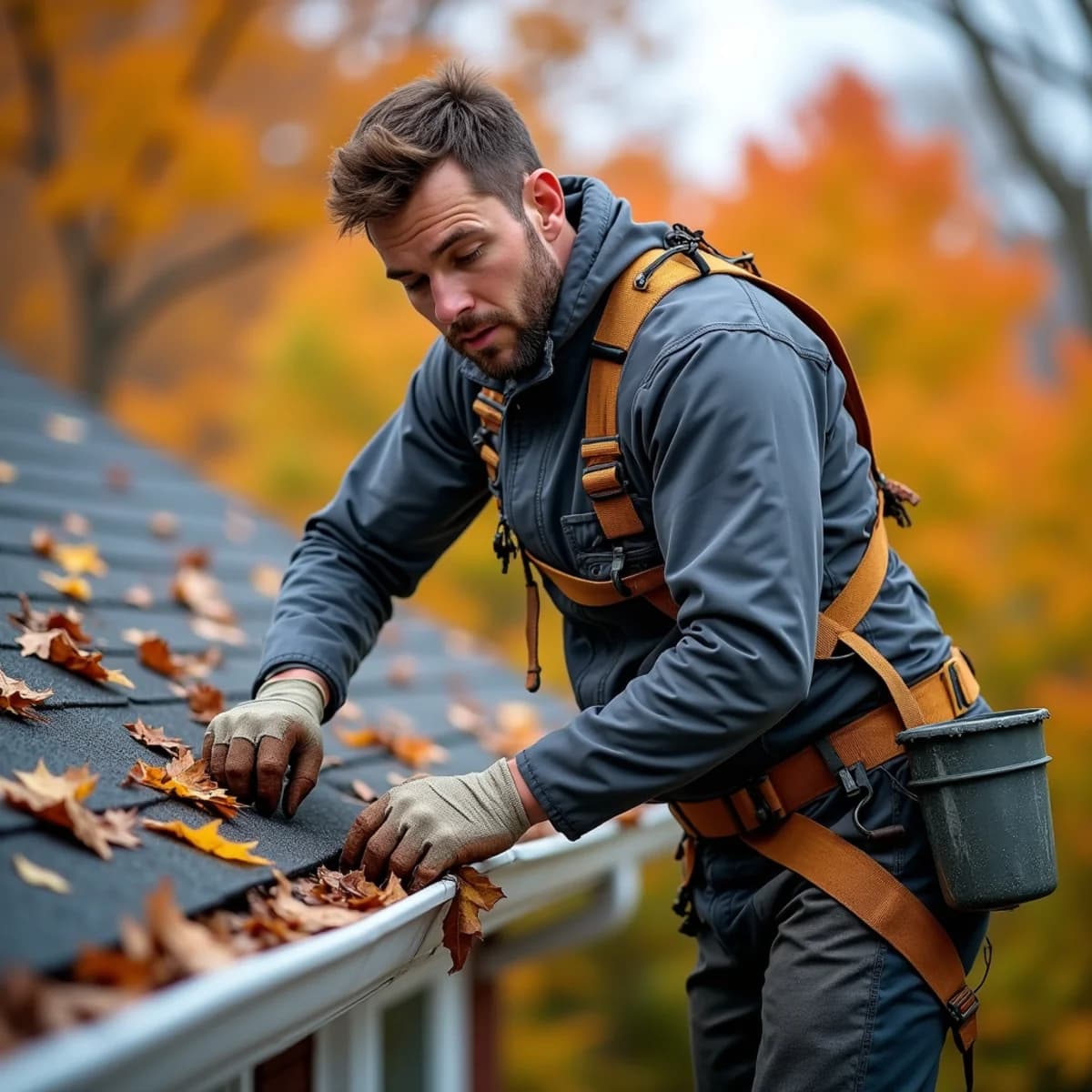 Technician clearing debris from a roof valley during annual roof maintenance on a Bergenfield NJ home