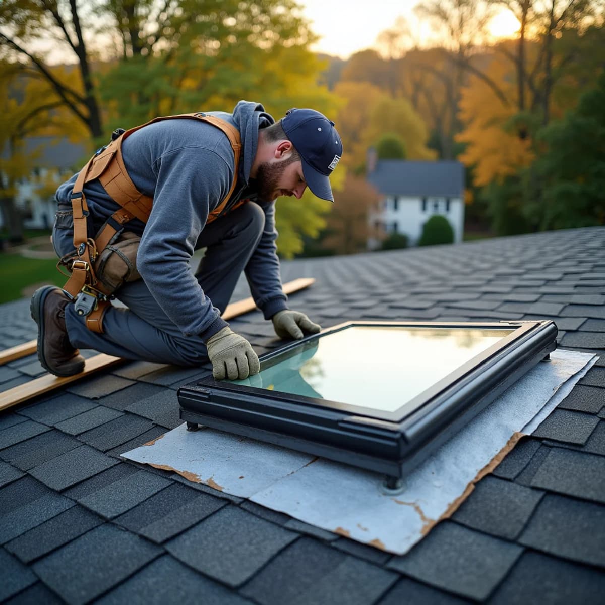 Roofer flashing a new deck-mounted skylight into an asphalt shingle roof in Bergenfield NJ