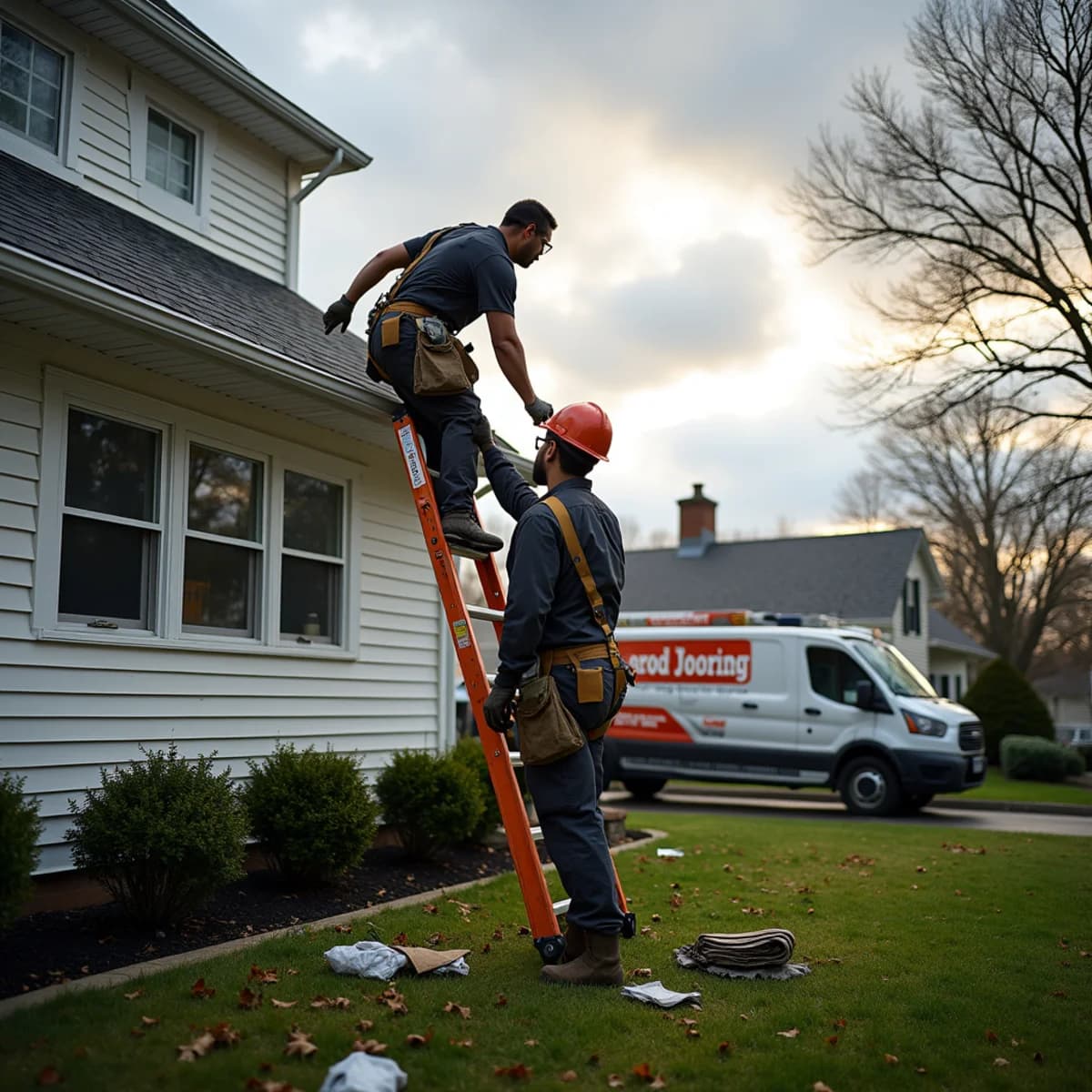 Roofing contractor documenting wind-damaged shingles after a storm on a New Jersey home in Bergenfield